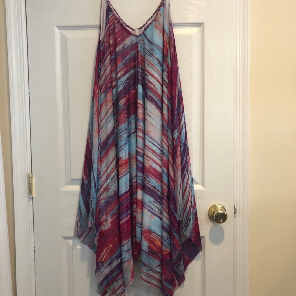 Vivienne Tam Multi-Color Asymmetrical Handkerchief Hem Dress (Red, Blue, Purple)
